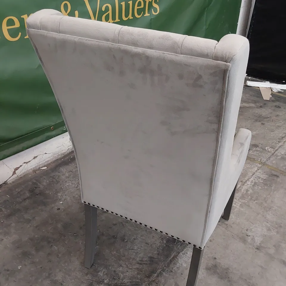 DESIGNER UPHOLSTERED BUTTONED BACK DINING CHAIR GREY PLUS FABRIC SILVERED WOOD LEGS