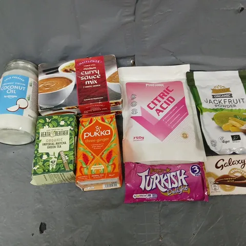 APPROXIMATELY 8 ASSORTED FOOD & DRINK ITEMS TO INCLUDE - COCONUT OIL, CITRIC ACID, AND GALAXY BAR - ETC.