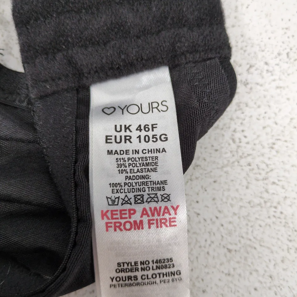 YOURS LACE BRA, UK 46F (EU 105G), BLACK/GRAY FLORAL