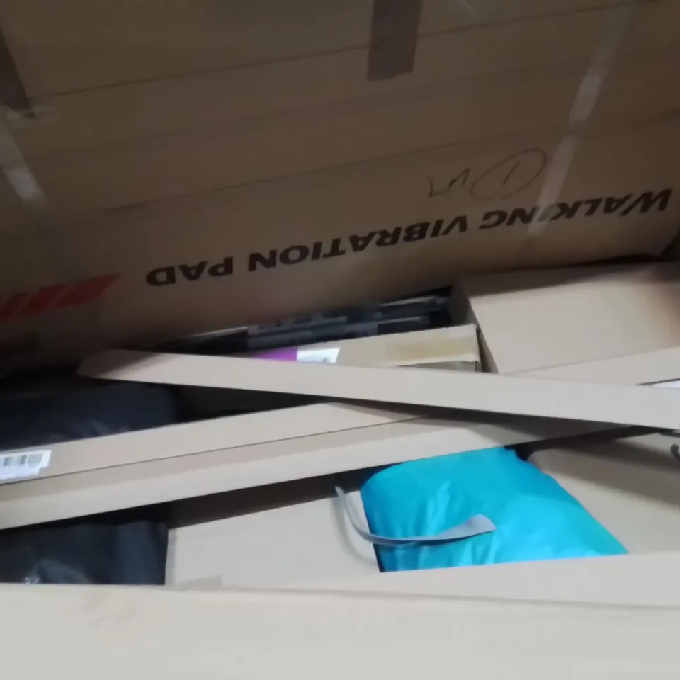 PALLET CONTAINING VARIOUS ASSORTED BOXED HOUSEHOLD ITEMS TO INCLUDE: FOLDING BED, BASIN, WALKING VIBRATION PLATE AND LOTS MORE UNMARKED BOXED ITEMS