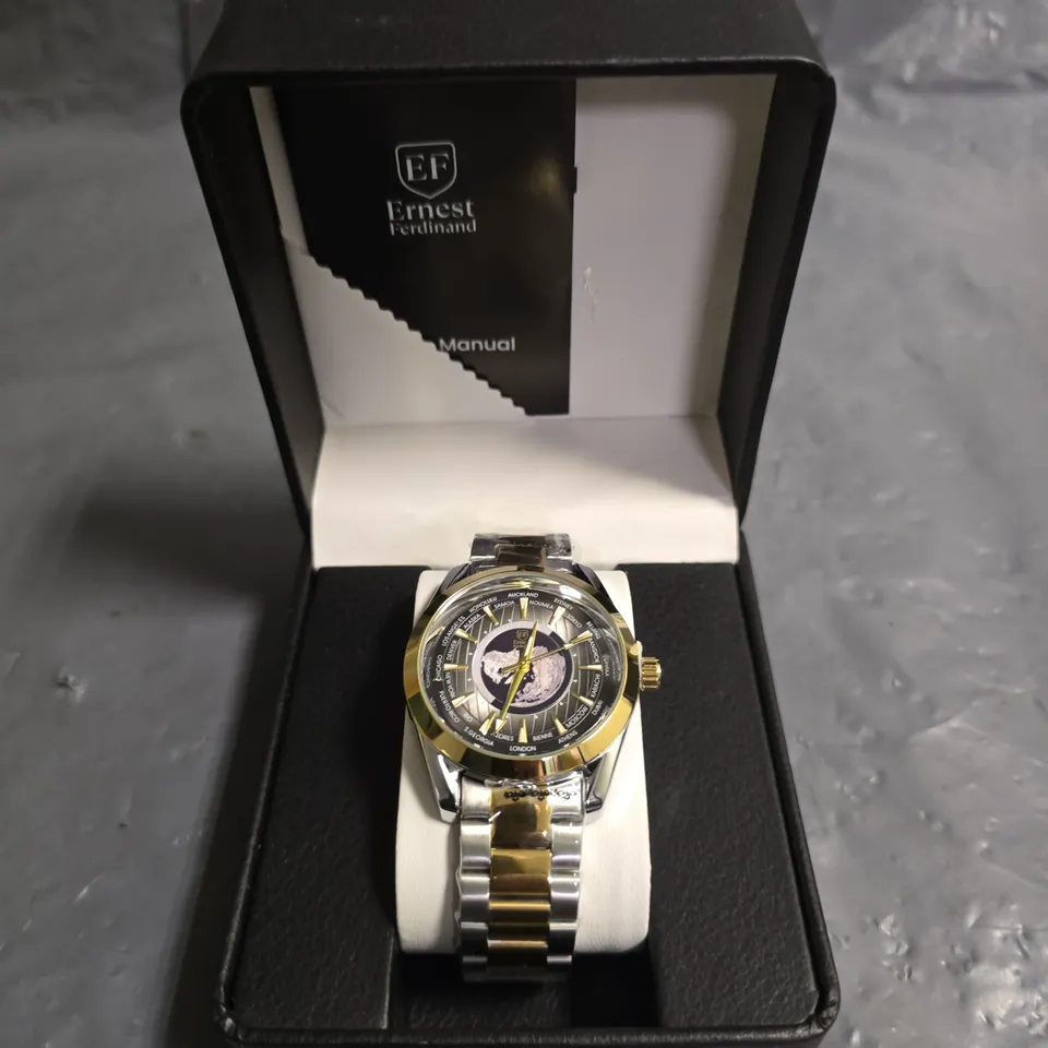 ERNEST FERDINAND STAINLESS STEEL WORLD MAP WATCH WITH METAL STRAP