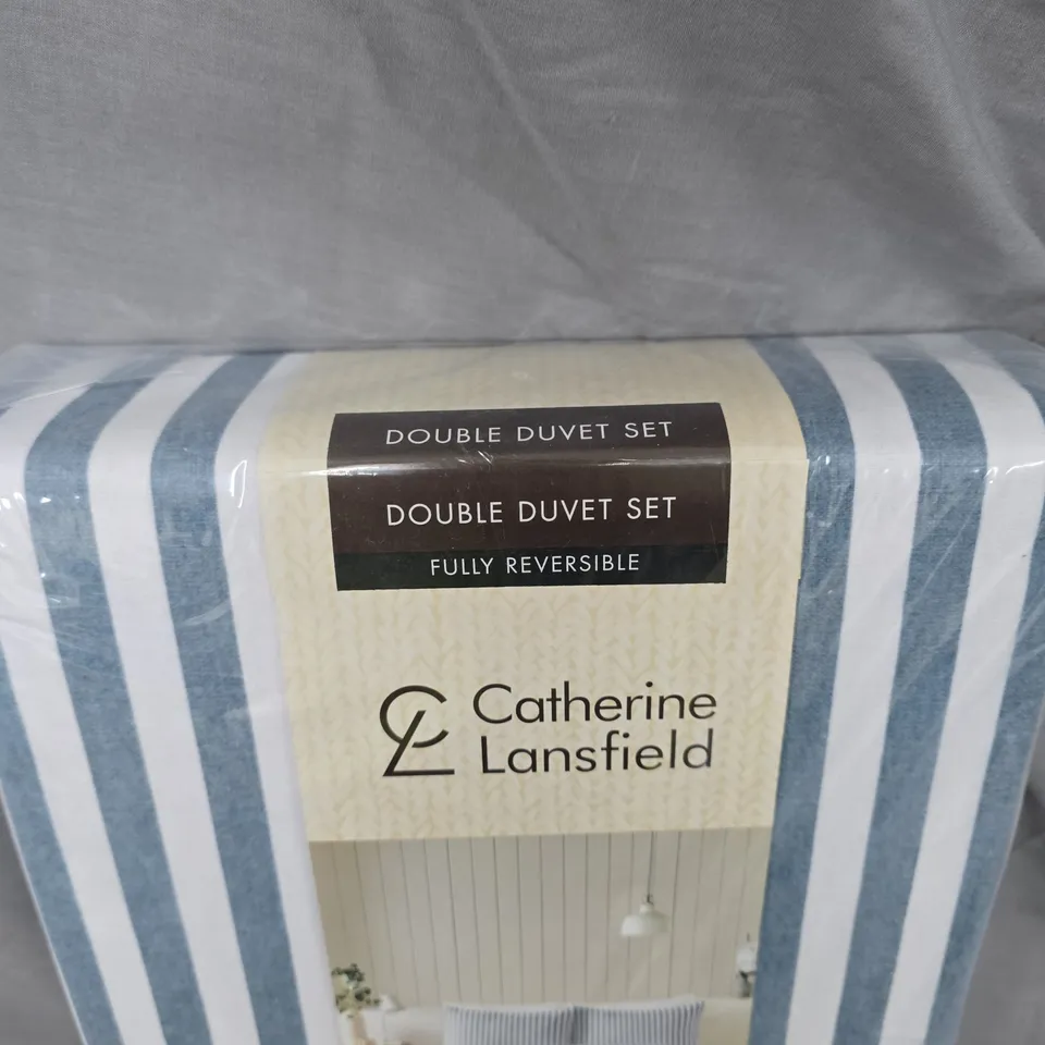 CATHERINE LANSFIELD DOUBLE DUVET SET - STRIPED BLUE, FULLY REVERSIBLE (COSY COLLECTION)