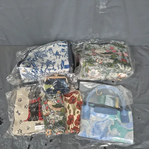 BOX OF APPROXIMATELY 20 ASSORTED BAGS AND PURSES IN VARIOUS COLOURS & DESIGNS - COLLECTION ONLY