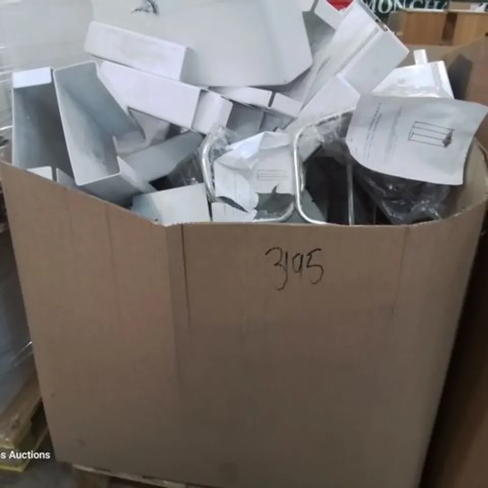 PALLET OF ASSORTED ITEMS, INCLUDING, ASSORTED PLASTIC & METAL DISPENSERS FOR BED PAN LINERS, PAPER TOWELS, SMALL BOWL OR JUGS, TOILET CISTERN, RAINBOW CABLE SETS.