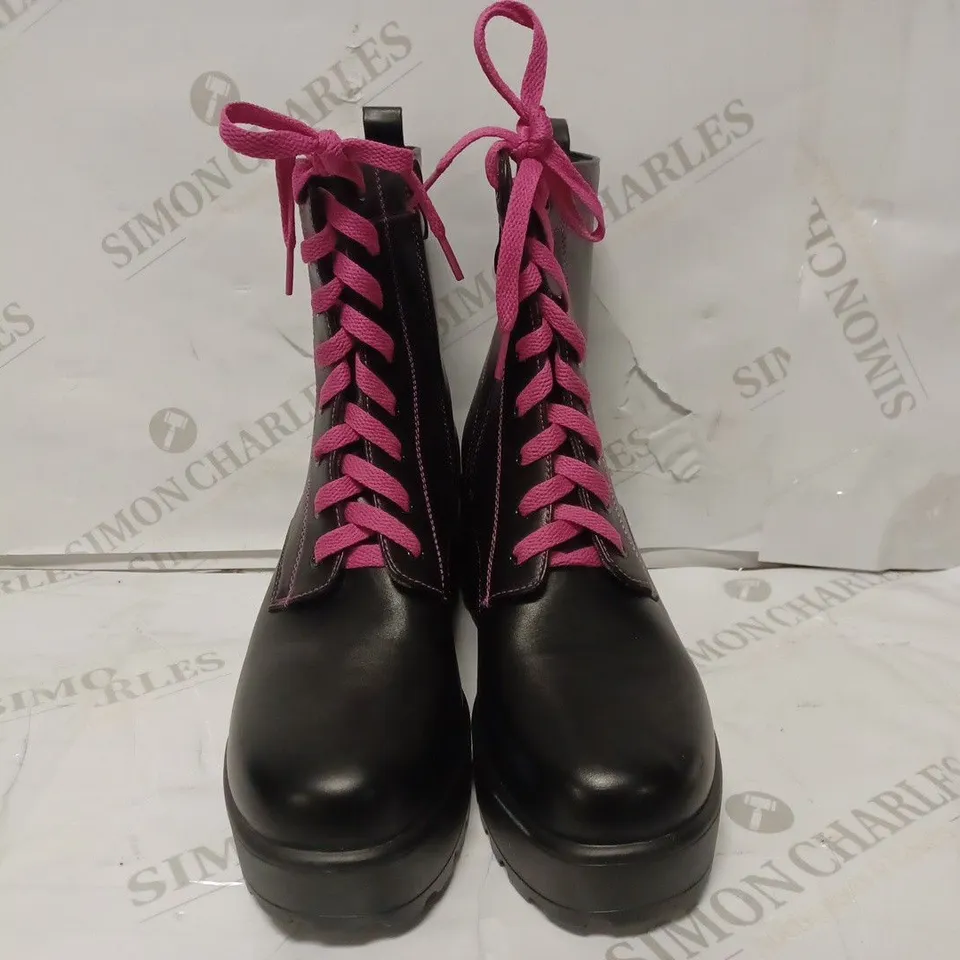 PAIR OF KOI DESIGNER VEGAN PLATFORM ANKLE BOOTS IN BLACK WITH PINK LACES - SIZE 6