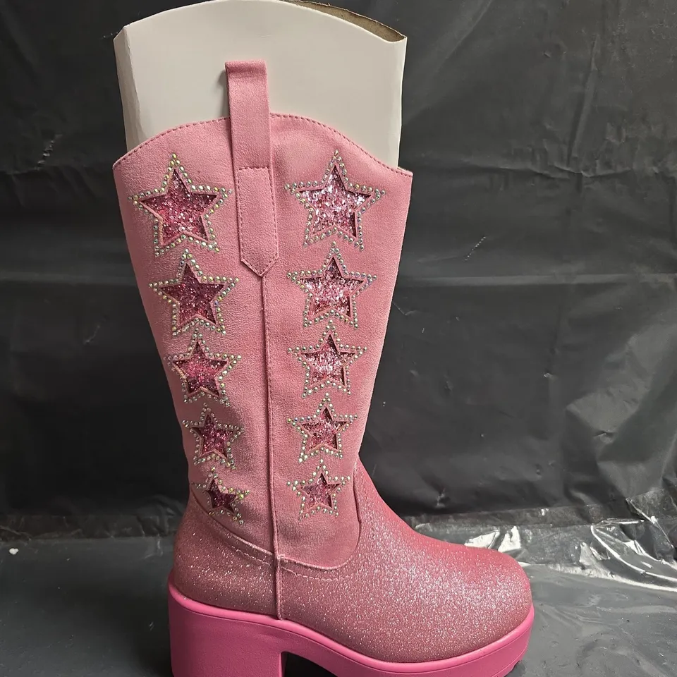 BOXED PAIR OF KOI GIRLS' PINK GLITTER KNEE-HIGH BOOTS WITH STAR EMBELLISHMENTS - UK SIZE 4