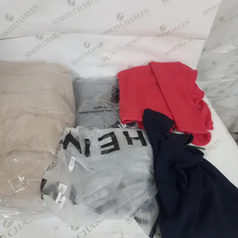 LARGE BOX OF ASSORTED CLOTHING ITEMS IN VARIOUS COLOURS AND SIZES INCLUDING TROUSERS , TOPS AND JUMPERS