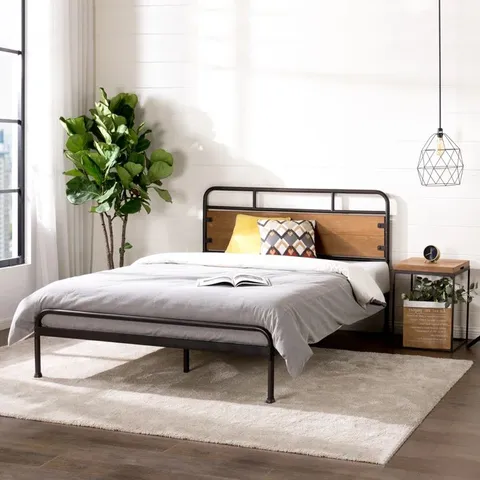 BOXED BARKEV INDUSTRIAL METAL BED FRAME WITH WOOD DETAIL HEADBOARD