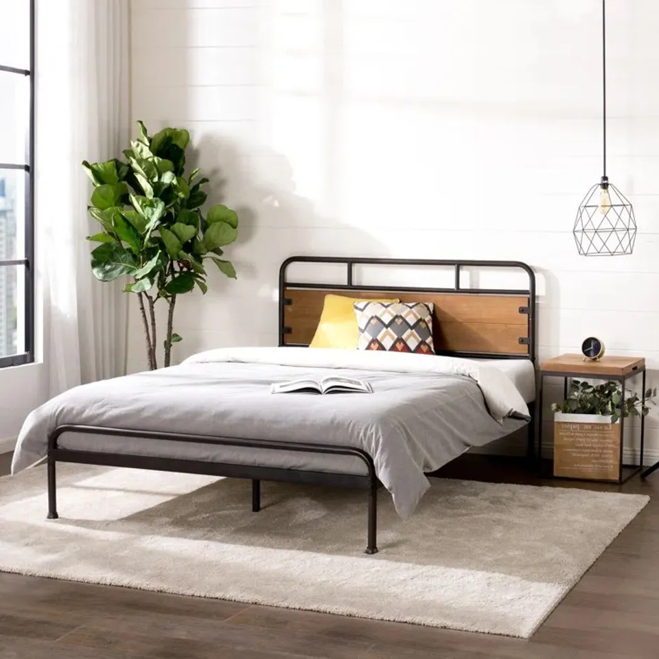 BOXED BARKEV INDUSTRIAL METAL BED FRAME WITH WOOD DETAIL HEADBOARD 