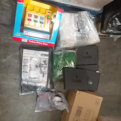 PALLET OF ASSORTED ITEMS INCLUDING HOME HERO KITCHEN UTENSILS SET, MAGNETIC SCREEN DOOR, MIREILLE GUILIANO FRENCH WOMEN FOR ALL SEASONS, EONA LAUNDRY BASKET, FISHER PRICE CASH REGISTER, BURDE PLANNER
