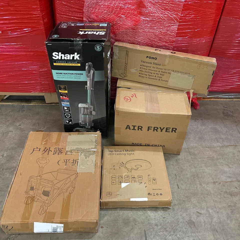 PALLET OF ASSORTED CONSUMER PRODUCTS TO INCLUDE: VACUUM CLEANER, AIR FRYER, VACUUM STAND, LED CEILING LIGHT, HAND CART ECT