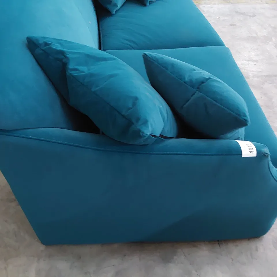 DESIGNER TWO SEATER SOFA TURQUOISE PLUSH FABRIC WITH SCATTER CUSHIONS