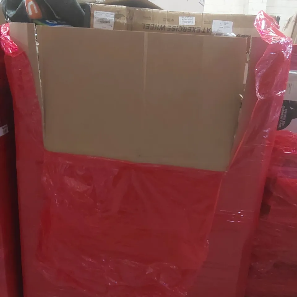 PALLET CONTAINING A VERY LARGE QUANTITY OF ASSORTED ITEMS INCLUDING: AIR COOLER, RUG, CAT EXERCISE WHEEL ECT