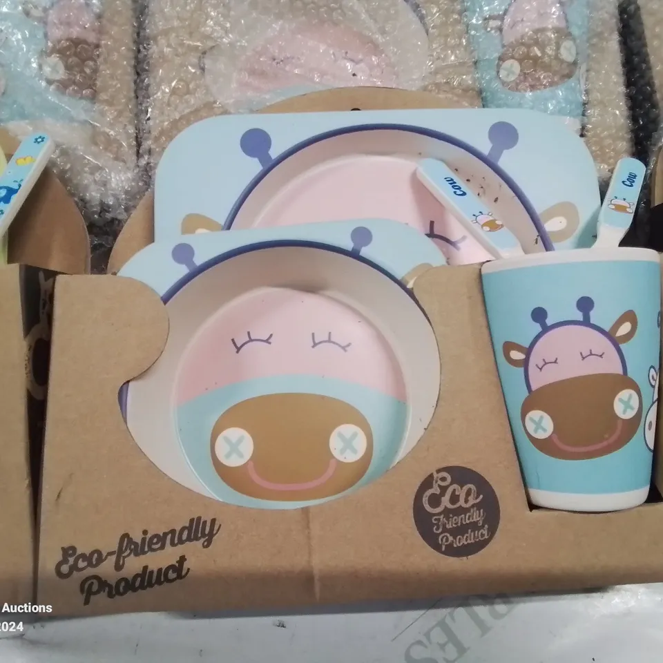12 SETS OF CHILDREN'S ECO FRIENDLY PLATE, BOWL, CUP AND CUTLERY SETS.