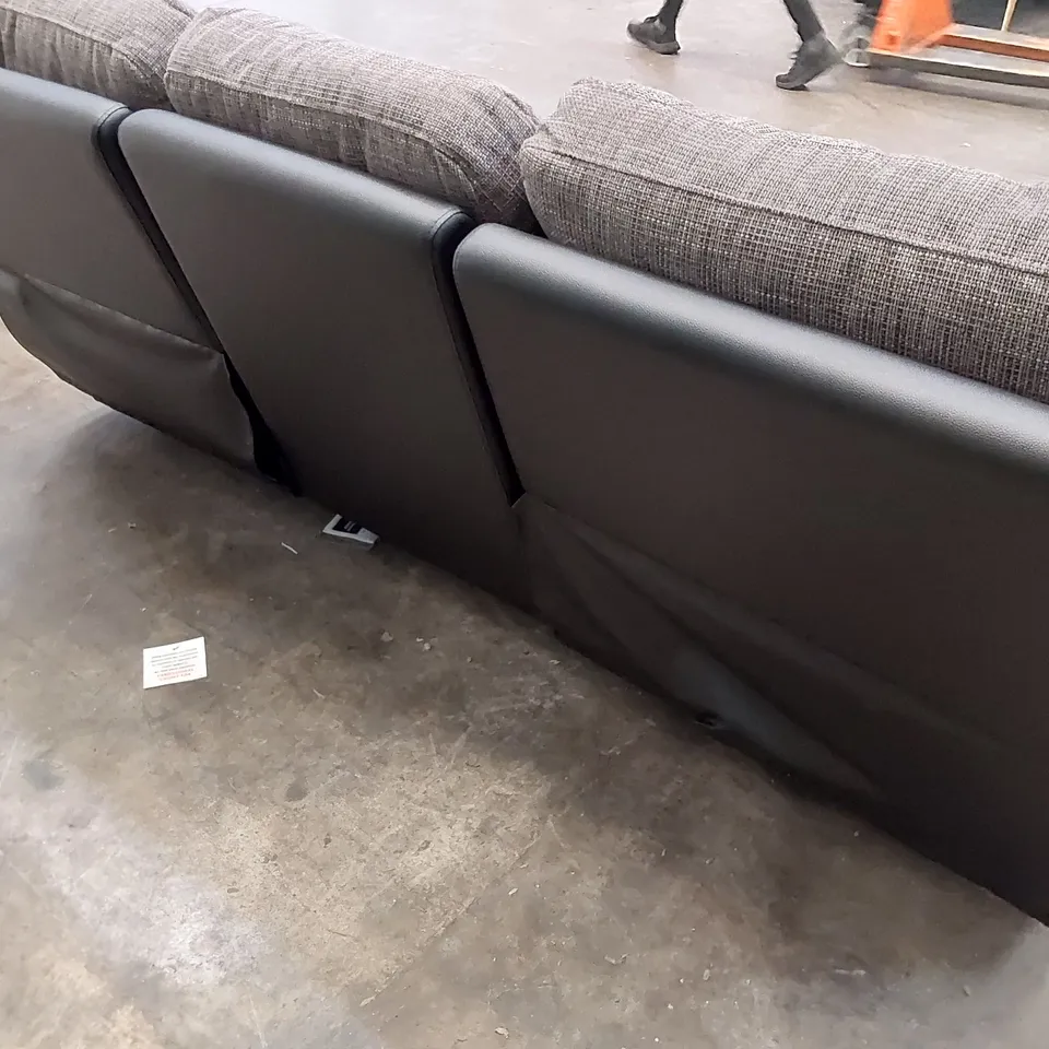 DESIGNER MANUAL RECLINING THREE SEATER SOFA BLACK FAUX LEATHER & GREY FABRIC 