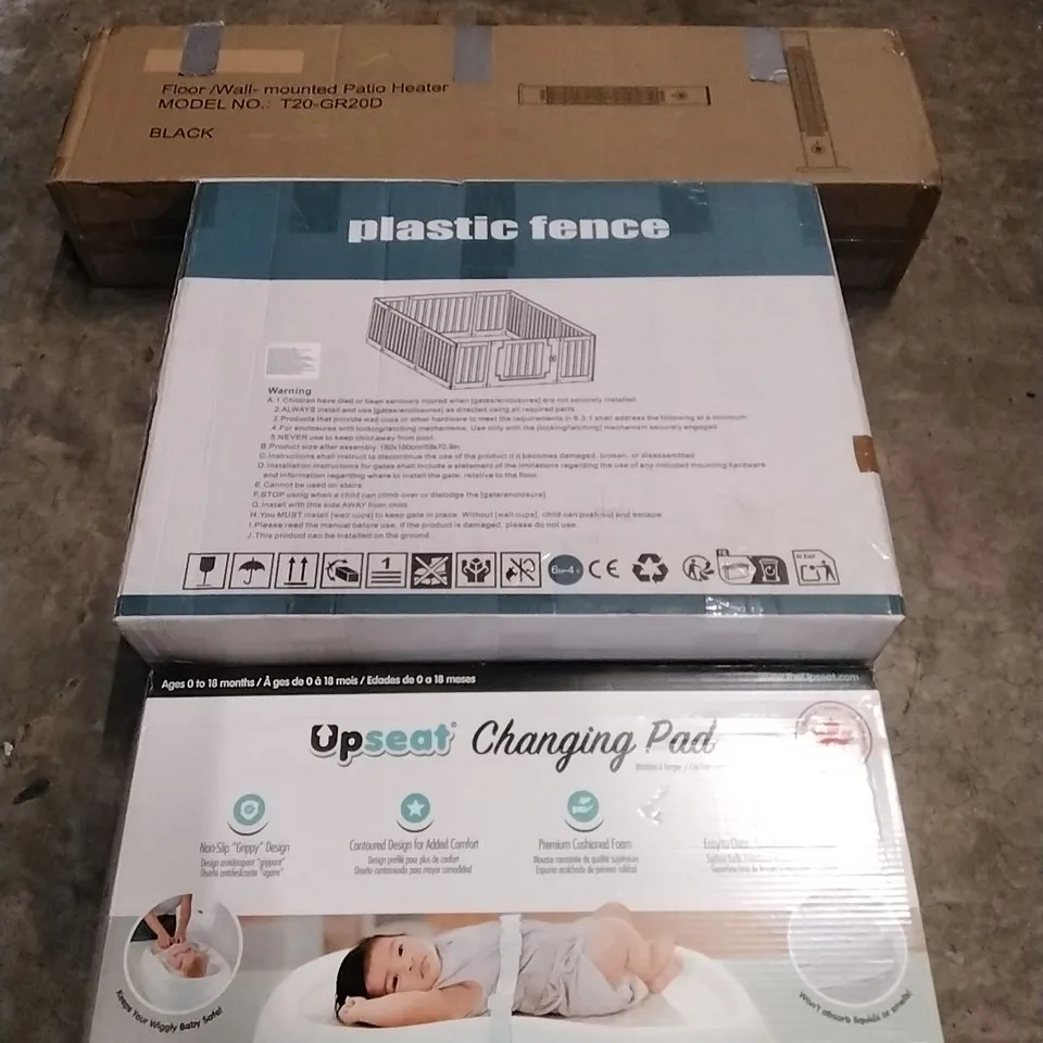 PALLET OF HOUSEHOLD ITEMS TO INCLUDE FLOOR/WALL MOUNTED PATIO HEATER, PLASTIC FENCE,UPSEAT CHANGING PAD AND OTHER ASSORTED ITEMS...