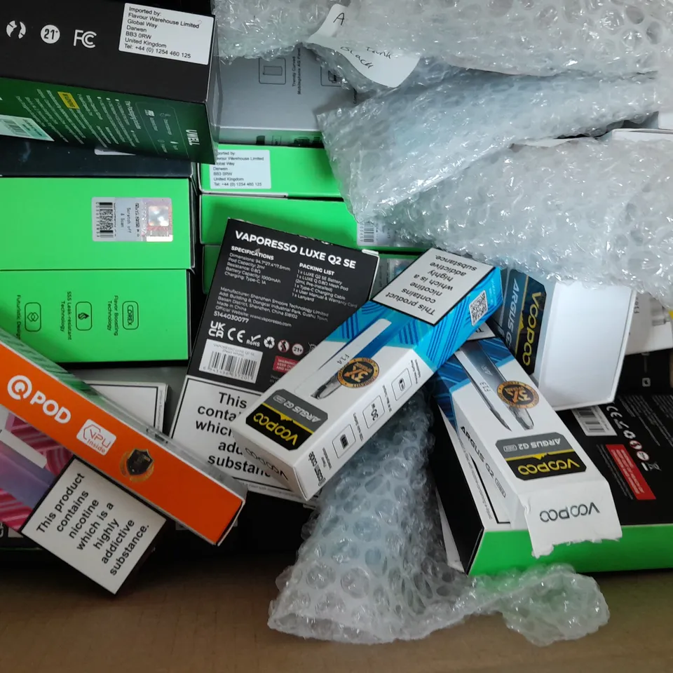 BOX OF APPROXIMATELY 20 ASSORTED E-CIGARETTE/VAPING PRODUCTS - MAKES, MODELS, COLOURS, AND STYLES VARY - COLLECTION ONLY