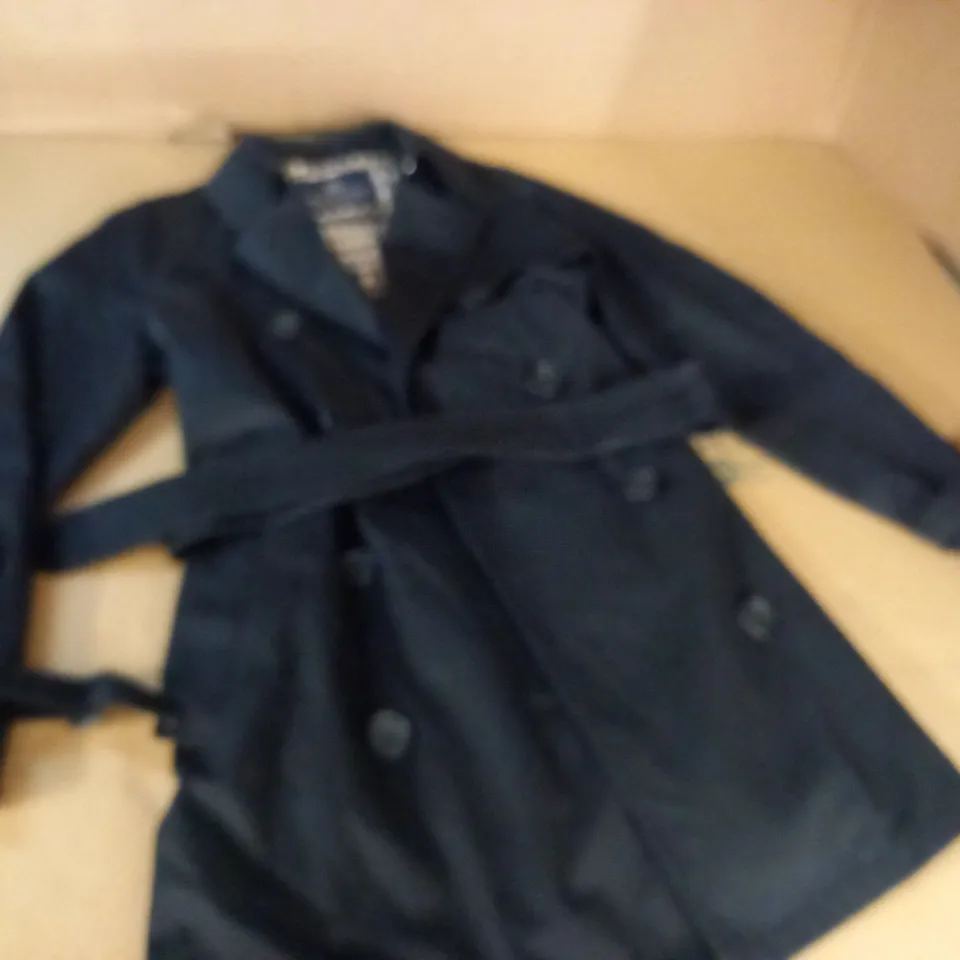 AQUASCUTUM DOUBLE BREASTED BLACK BELTED COAT - SIZE UNSPECIFIED