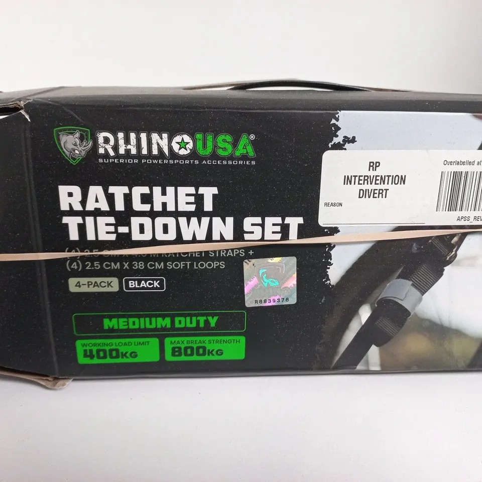 RHINO USA RATCHET TIE-DOWN SET – MEDIUM DUTY, 4-PACK, BLACK