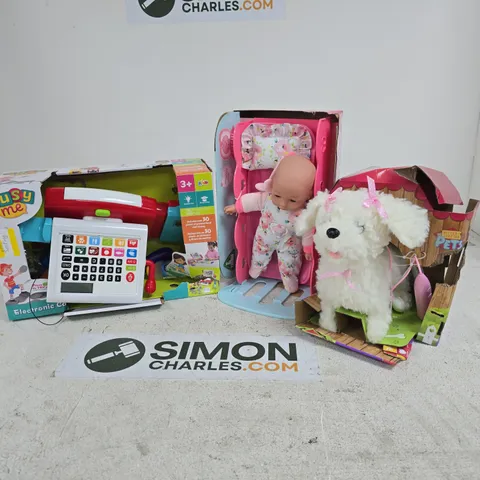 APPROXIMATELY 5 ASSORTED TOYS & GAMES PRODUCTS TO INCLUDE WALK ALONG PUPPY, SOFT AND CUDDLY DOLLY, BUSY ME CASH REGISTER, ETC