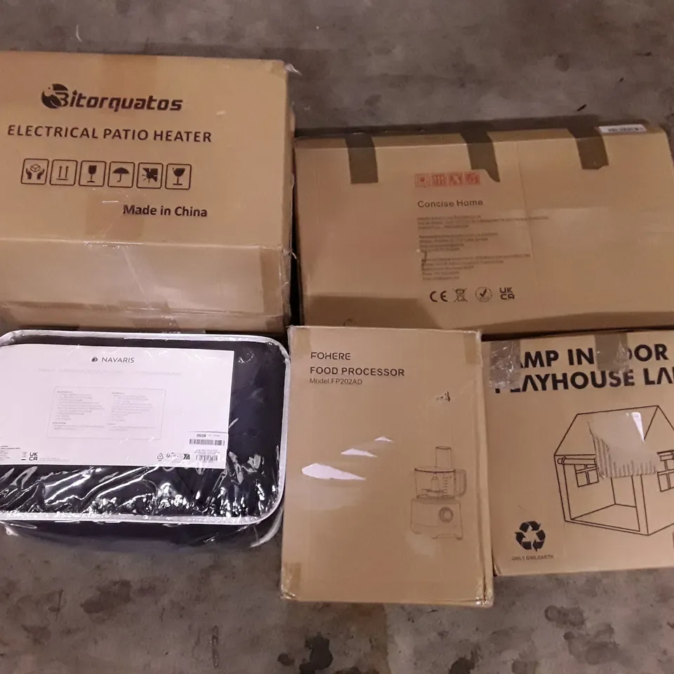 PALLET OF ASSORTED PRODUCTS INCLUDING ELECTRIC PATIO HEATER, INSECT KILLER, ELECTRIC HEATING BLANKET, FOOD PROCESSOR, INDOOR PLAY HOUSE LARGE