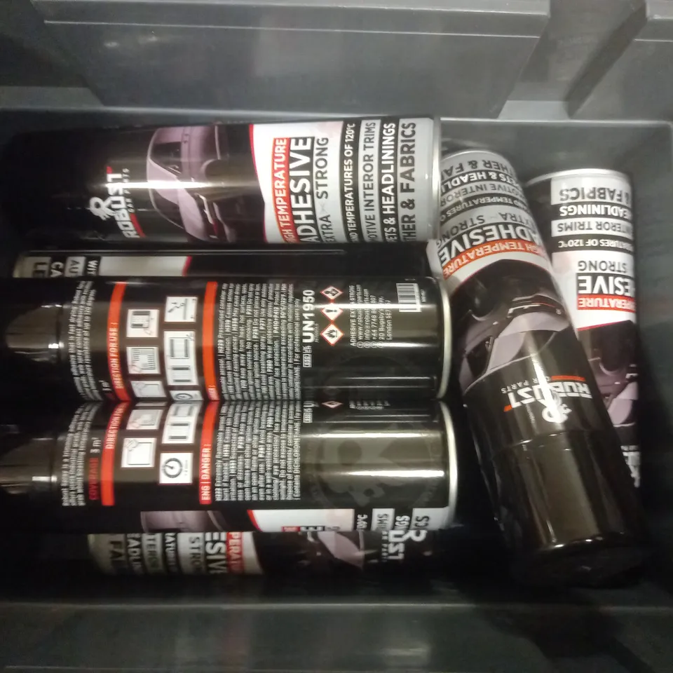 BOX OF APPROX 10 ASSORTED AEROSOLS TO INCLUDE - ROBUST HIGH TEMP ADHESIVE - SURE BRIGHT BOUQUET - RIGHT GAURD ECT