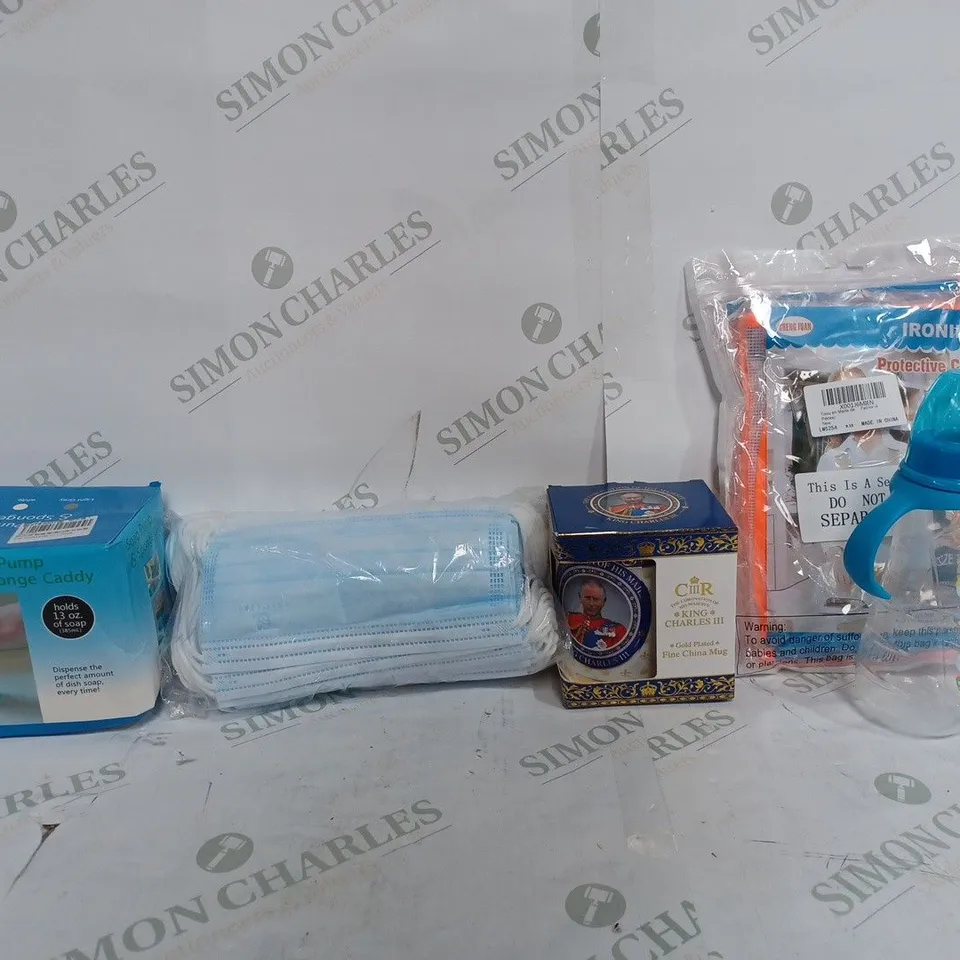 BOX OF APPROX 12 ITEMS TO INCLUDE - SOAP PUMP & SPONGE CADDY - SURGEON MASKS - KING CHARLES III MUG ECT