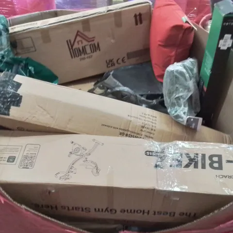 PALLET CONTAINING VARIOUS ASSORTED BOXED HOUSEHOLD ITEMS TO INCLUDE: EXERCISE BIKE, GAZEBO, OFFICE CHAIR, LED AQUARIUM LIGHT AND LOTS MORE UNMARKED BOXED ITEMS