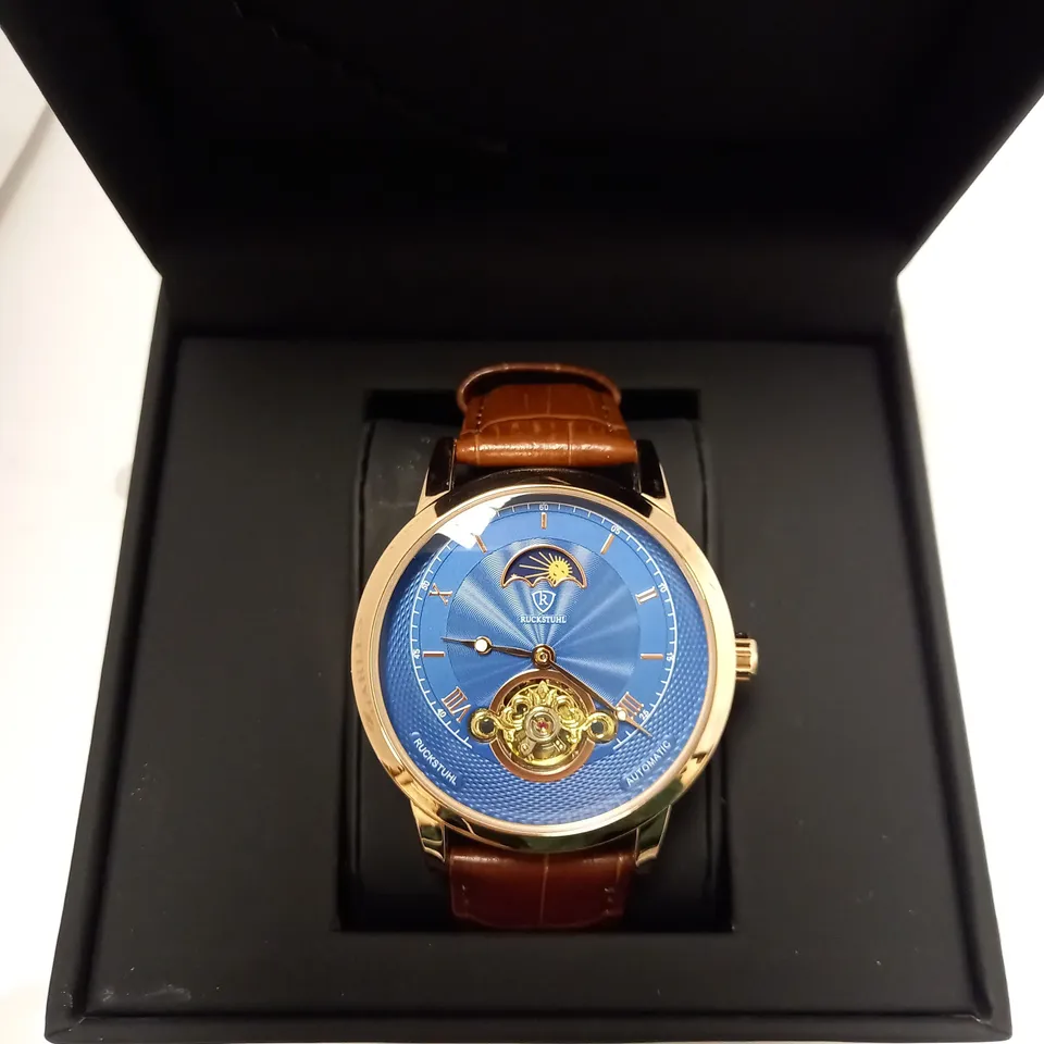 RUCKSTUHL AUTOMATIC BLUE LEATHER STRAP WRISTWATCH