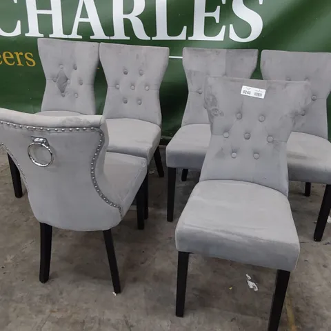 SET OF SIX UPHOLSTERED BUTTONED RING BACK DINING CHAIRS GREY PLUSH FABRIC ON BLACK LEGS