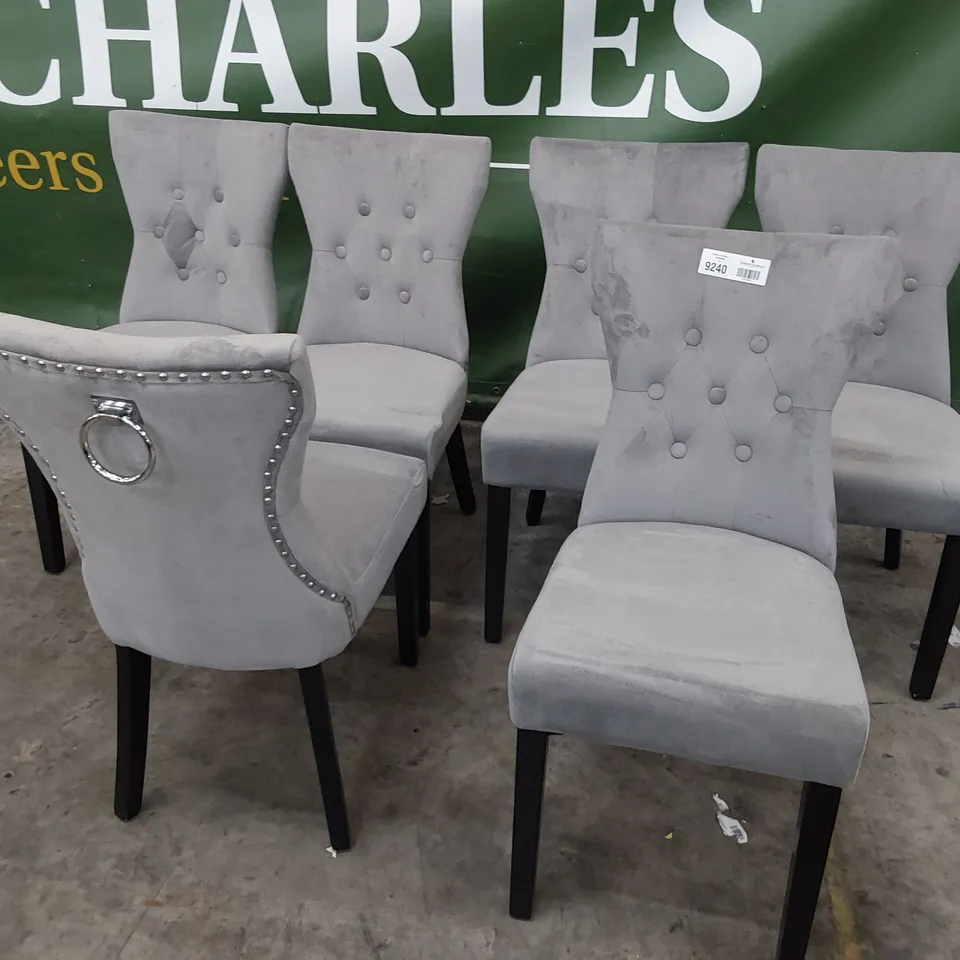 SET OF SIX UPHOLSTERED BUTTONED RING BACK DINING CHAIRS GREY PLUSH FABRIC ON BLACK LEGS