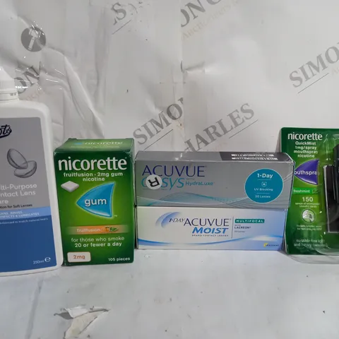 BOX OF APPROX 22 ASSORTED VISION CARE ITEMS TO INCLUDE - BOOTS CONTACT LENS CARE - NICORETTE FRUIT FUSION GUM - ACUVUE MOIST ECT