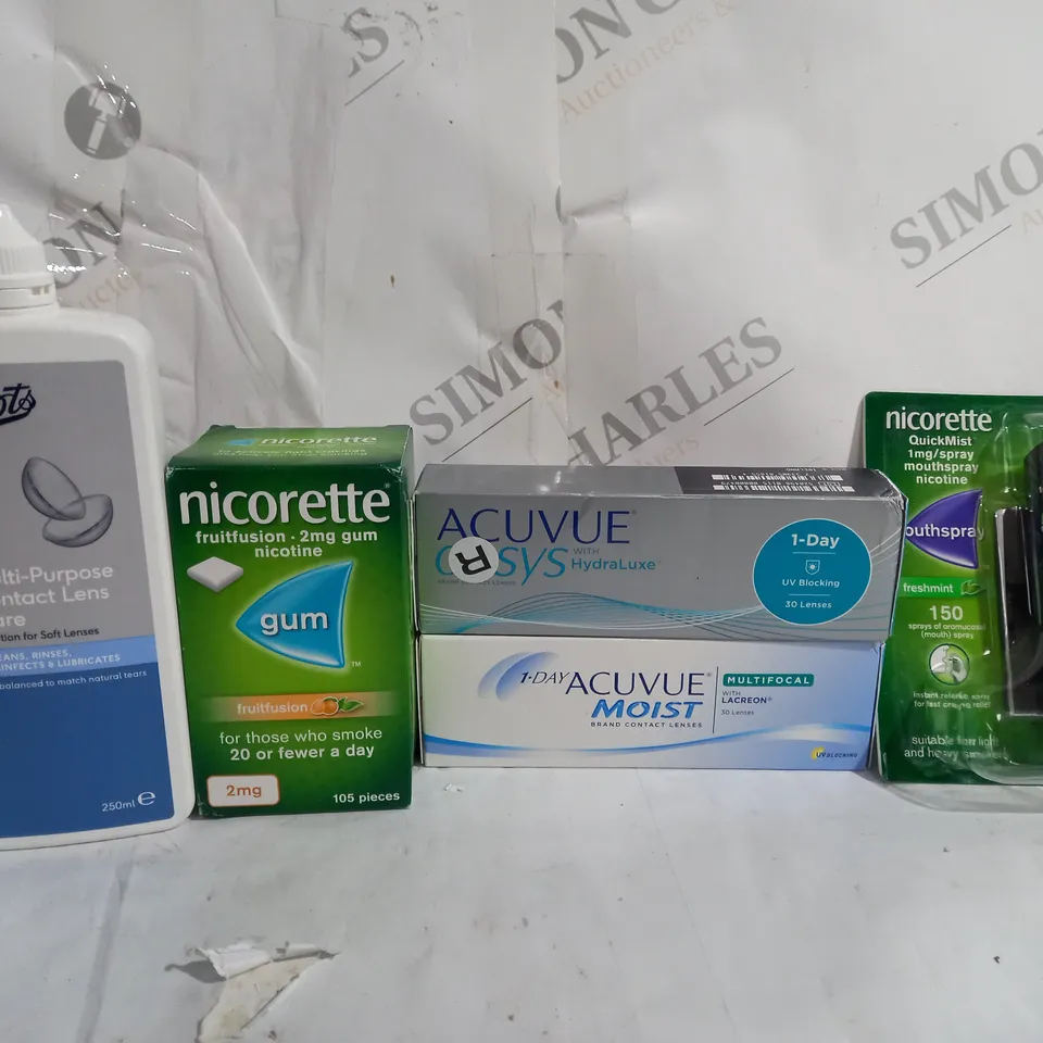 BOX OF APPROX 22 ASSORTED VISION CARE ITEMS TO INCLUDE -  BOOTS CONTACT LENS CARE - NICORETTE FRUIT FUSION GUM - ACUVUE MOIST ECT