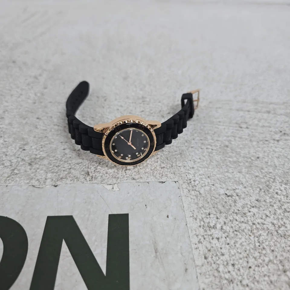 SEKONDA LADIES' BLACK DIAL WATCH WITH ROSE-GOLD TONE BEZEL AND BLACK RUBBER STRAP BOXED