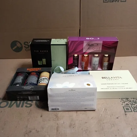 BOX OF APPROXIMATELY 30 ASSORTED COSMETIC BOX SET ITEMS TO INCLDE NEXT FLOWERS, SO?, TED BAKER, SUPERDRY ETC