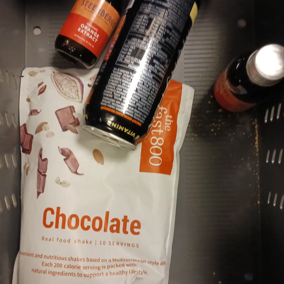 APPROXIMATELY 10 ASSORTED FOOD/DRINK PRODUCTS TO INCLUDE MONSTER ENERGY DRINK, PEANUT BUTTER POWDER, CIDER GUMMIES ETC 