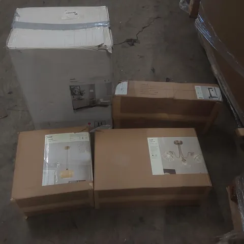 PALLET CONTAINING A VERY LARGE QUANTITY OF ASSORTED DESIGNER LIGHTING PRODUCTS INCLUDING: CEILING LIGHTS, FLOOR LAMP, PENDANT ECT