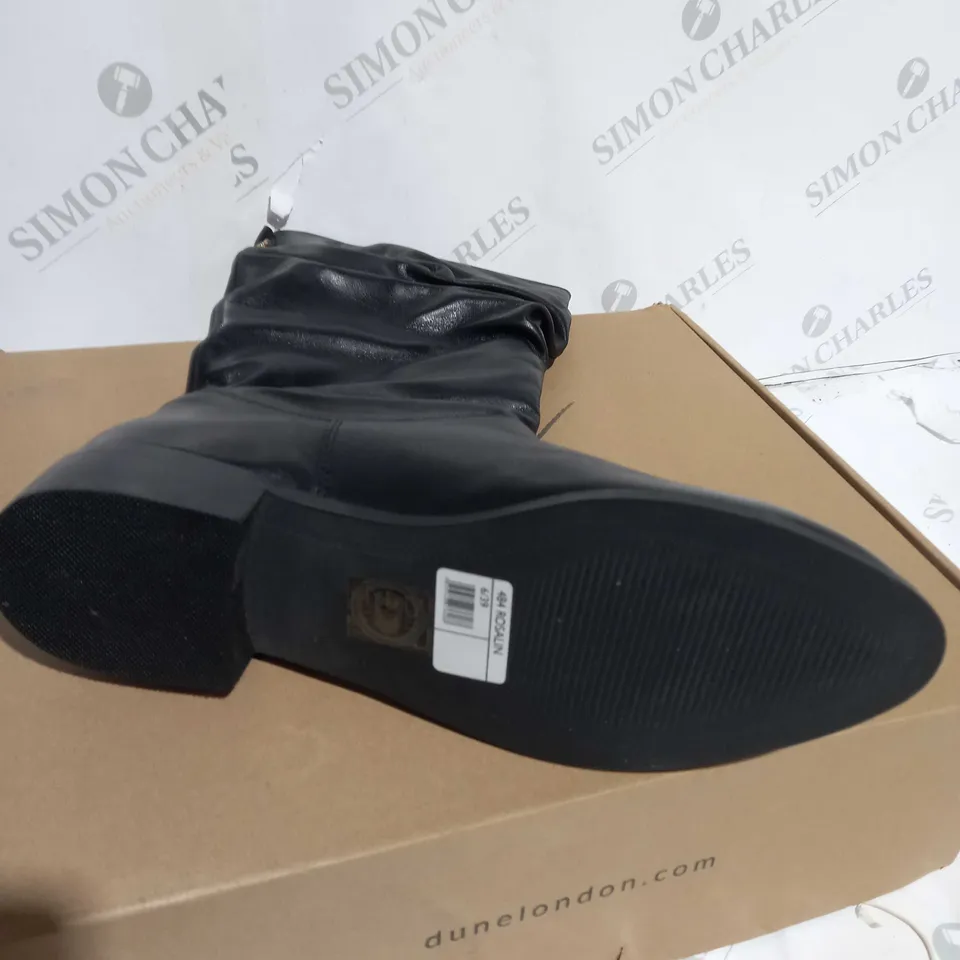 BOXED DUNE LEATHER RUCHED CALF BOOTS, BLACK - SIZE 6