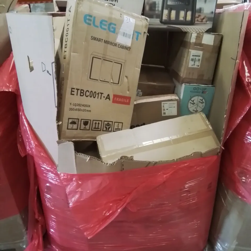 PALLET CONTAINING VARIOUS ASSORTED ITEMS TO INCLUDE: SMART MIRROR CABINET, DUAL ZONE AIR FRYER, TURNTABLE AND SPEAKER SYSTEM, LIGHT UP KIDS SCOOTER AND LOTS MORE UNMARKED BOXED ITEMS 