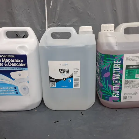 TOTE OF APPROXIMATELY 3 ASSORTED LIQUIDS TO INCLUDE - TOILET MACERATOR CLEANER , PURIFIED WATER ETC