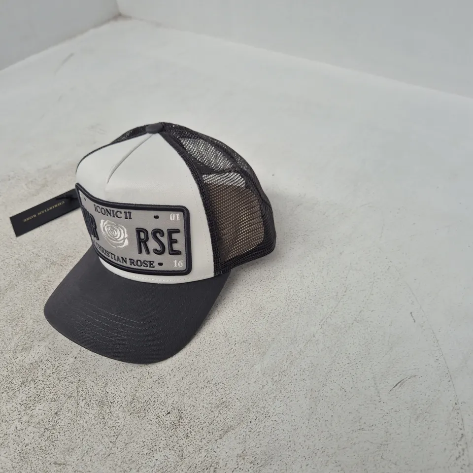 CHRISTIAN ROSE ICONIC II TRUCKER CAP – BLACK MESH BACK, WHITE FRONT