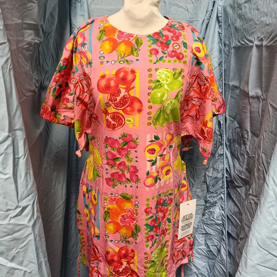 NEVER FULLY DRESSED PINK FRUIT STAMPS MINI DRESS – UK 12 (EU 40) MADE IN CHINA