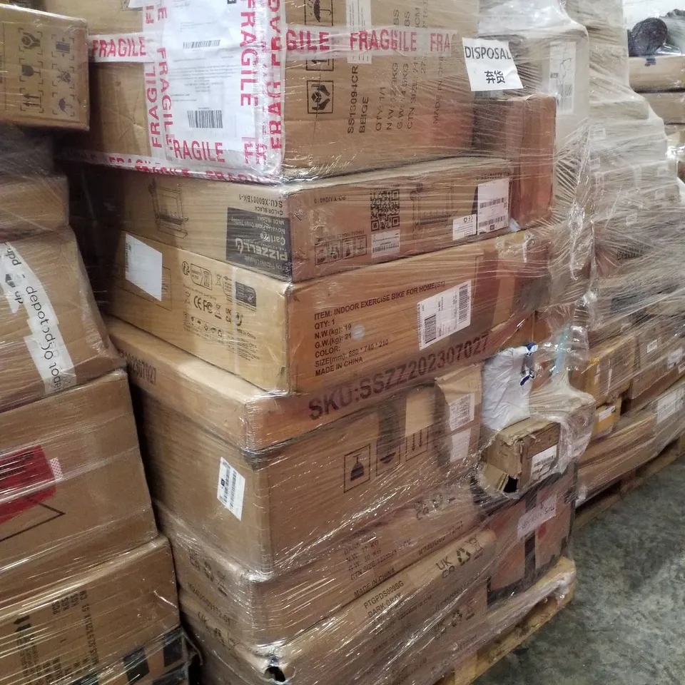 PALLET CONTAINING ASSORTED PRODUCTS INCLUDING INDOOR EXERCISE BIKE, PIZZELLO OUTDOOR GRILL DINING & 3 LAYER CLOTHES HANGER