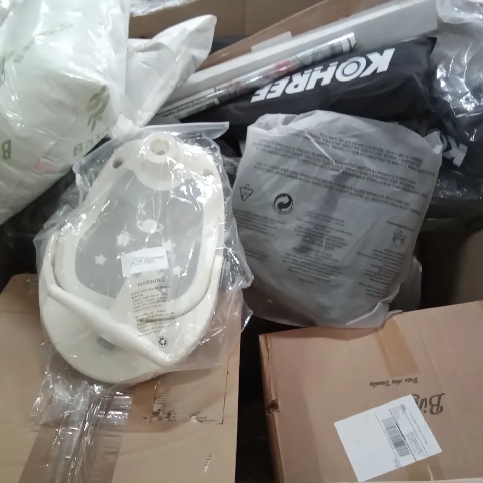 PALLET OF ASSORTED ITEMS INCLUDING FLYKIDS BOOSTER SEAT, FOLDING CAT LITTER BOX, PRIME AIR AIT FRYER, RING LIGHT, TAIYUHOMES DAY AND NIGHT ROLLER BLINDS, SHERNBAO TYPHOON DUAL MOTOR FORCE DRYER