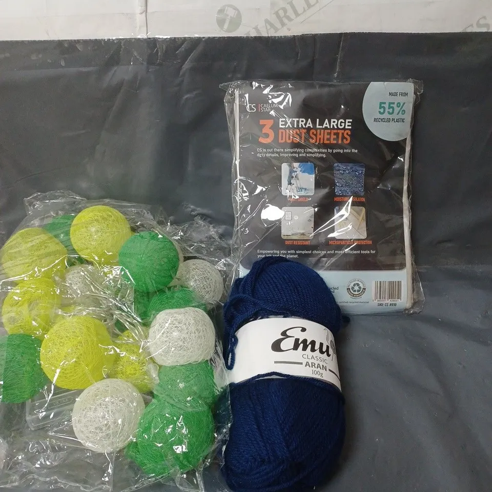 APPROXIMATELY 20 ASSORTED HOUSEHOLD ITEMS TO INCLUDE FURNITURE COVERS, BALL LIGHTS AND KNITTING YARN