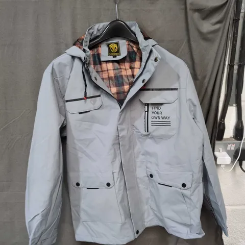 LEDUNTINO MEN'S HOODED JACKET – LIGHT GREY, SIZE L, PLAID INTERIOR