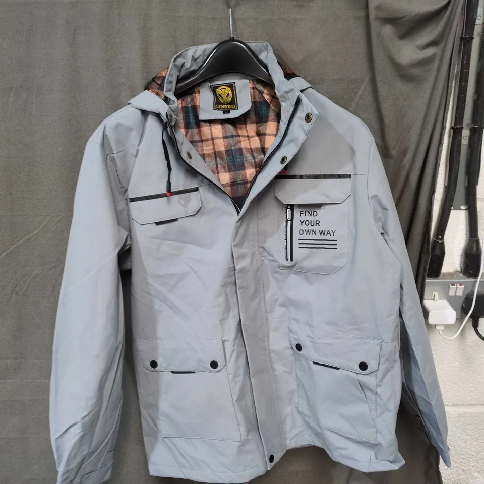 LEDUNTINO MEN'S HOODED JACKET – LIGHT GREY, SIZE L, PLAID INTERIOR