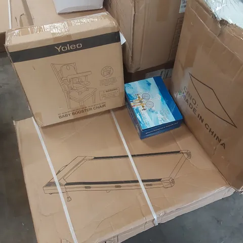 PALLET CONTAINING A LARGE ASSORTMENT OF CONSUMER PRODUCTS INCLUDING: TREADMILL, ARMCHAIR, BABY BOOSTER CHAIR, BRASS MANIFOLD GAUGE SET ECT