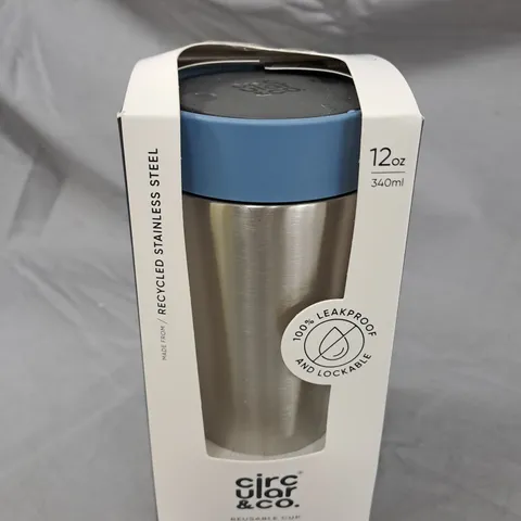 CIRCULAR & CO. REUSABLE STAINLESS STEEL TRAVEL CUP – 12 OZ (340 ML) WITH BLUE LID