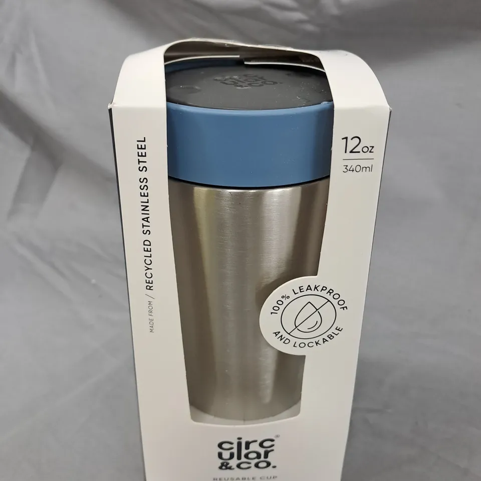 CIRCULAR & CO. REUSABLE STAINLESS STEEL TRAVEL CUP – 12 OZ (340 ML) WITH BLUE LID